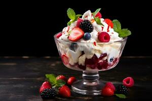 Eton Mess Featuring Ice Cream and a Berry Medley. Ai Generative photo