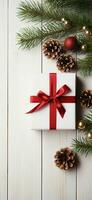 Navidad nuevo año tarjeta antecedentes con abeto sucursales, conos, pelotas, regalo caja y cintas plano laico con vacío Copiar espacio. ai generativo foto