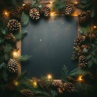 Background for a Christmas or New Year card. Composition of fir branches, cones, balls and garland lights. Flat lay with empty copy space. Ai generative photo