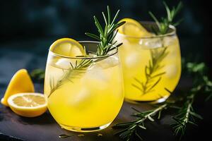 Lemon and Rosemary Elixir on Black. Ai generative photo