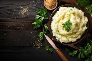 machacado patata con parmesano queso. ai generativo foto