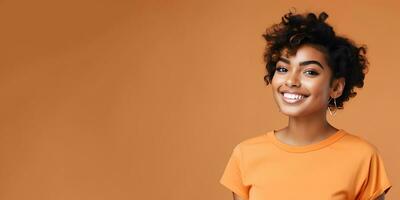 Smimilg young woman with dark skin and short groomed hair isolated on flat orange pastel background with copy space. Model for banner of cosmetic products, beauty salon and dentistry. Ai generative photo