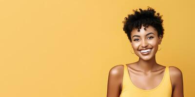 Smimilg young woman with dark skin and short groomed hair isolated on flat yellow pastel background with copy space. Model for banner of cosmetic products, beauty salon and dentistry. Ai generative photo