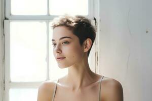 hermosa mujer con corto Beto Corte de pelo y en ligero antecedentes. ai generativo foto