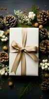 Navidad nuevo año tarjeta antecedentes con abeto sucursales, conos, pelotas, regalo caja y cintas plano poner. ai generativo foto