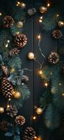 Background for a Christmas or New Year card. Composition of fir branches, cones, balls and garland lights. Flat lay with empty copy space. Ai generative photo