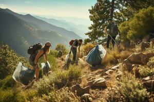 A group of volunteers collects garbage against the backdrop of majestic mountains. People collect garbage. Cleaning day. Environmental pollution. Ai generative photo