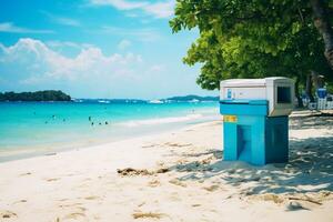 A pristine beach with crystal-clear waters and a recycling station. Ai generative photo