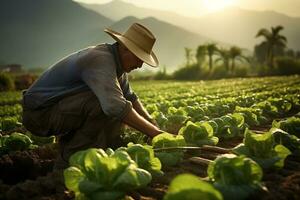 A farmer tends to a cabbage patch. Treatment of crops against pests. Ai generative photo