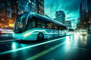 Electric buses move along a busy city street with zero emissions. A modern driverless bus on the street of a future green city. A futuristic city with electric public transport. Ai generative photo