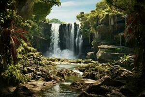 A picturesque waterfall flowing through a nature reserve with dense green vegetation and endangered plant species. Ai generative photo