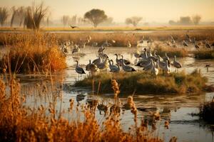 rebaño de migratorio aves descansando en un protegido humedal aves mosca a calentar países. animal migración. ai generativo foto