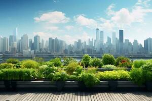 Urban green roof garden overlooking the city skyline. Ai generative photo