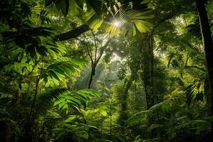 Lush tropical green forest with diverse flora. Tall majestic trees and small bushes and ferns. The sun's rays break through the dense crown of trees. Ai generative photo