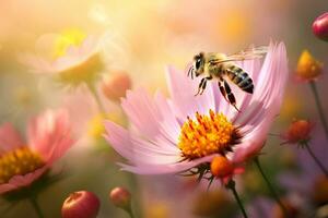 Honey bee collecting nectar and pollen from a colorful wildflower on a meadow on a sunny day morning. Ai generative photo