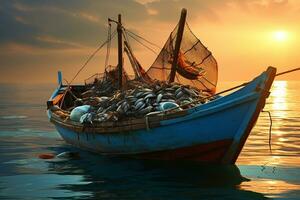 Large eco-friendly fishing boat with catch of the day. Ai generative photo