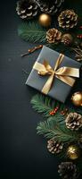 Navidad nuevo año tarjeta antecedentes con abeto sucursales, conos, pelotas, regalo caja y cintas plano laico con vacío Copiar espacio. ai generativo foto