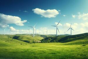 Wind turbines using renewable energy in a large green field. Ai generative photo