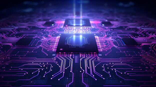 Detailed view of a contemporary electronic circuit board with a CPU, microchip, and various components, cutting-edge technology. Ai generative photo