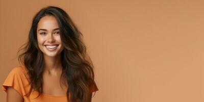 Smimilg young woman with tanned skin and long groomed hair isolated on flat beige pastel background with copy space. Model for banner of cosmetic products, beauty salon and dentistry. Ai generative photo