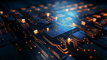 Detailed view of a contemporary electronic circuit board with a CPU, microchip, and various components, cutting-edge technology. Ai generative photo