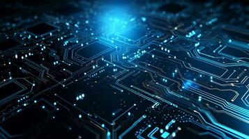 Detailed view of a contemporary electronic circuit board with a CPU, microchip, and various components, cutting-edge technology. Ai generative photo