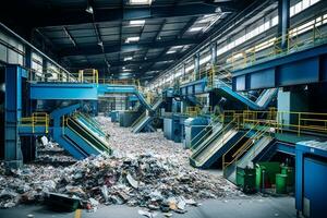 Waste sorting plant. Recycling and storage of waste for further disposal. Clean and organized waste separation facility in action. Ai generative photo