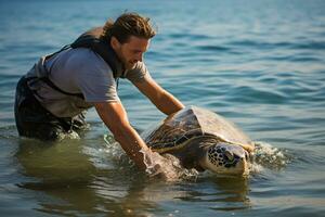 Conservationist releases rehabilitated sea turtles into the ocean. Ai generative photo