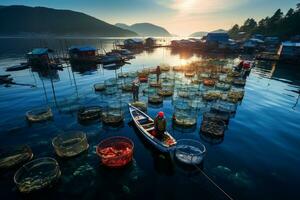 Farm for growing fish and seafood. Fishermen check their catch in their nets. A fishing village embracing sustainable aquaculture practices. Ai generative photo