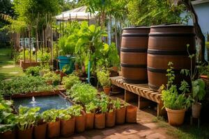 un hogar jardín con agua de lluvia cosecha y compostaje sistemas bien cuidado jardín zona con camas y agua tanques familiar, flor camas con plantas. ai generativo foto