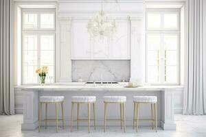 Kitchen island with white marble countertop as the centerpiece of a luxurious white cooking space. Ai generative photo