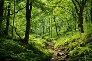 Lush green forest with diverse flora. Tall majestic trees and small bushes and ferns. The sun's rays break through the dense crown of trees. Ai generative photo