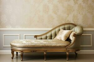 Antique chaise lounge in an elegant reading nook in classic muted tones. Ai generative photo