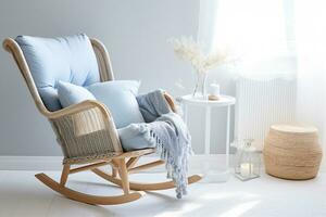 A wicker rocking chair creates a cozy nook in a coastal living room in soft blue tones. Ai generative photo