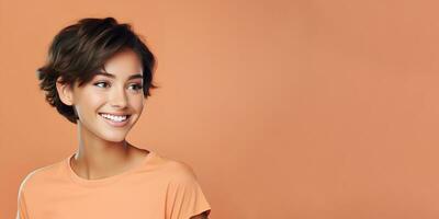 Smimilg young woman with tanned skin and short groomed hair isolated on flat orange pastel background with copy space. Model for banner of cosmetic products, beauty salon and dentistry. Ai generative photo