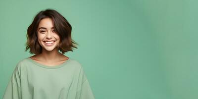 Smimilg young woman with tanned skin and short groomed hair isolated on flat green pastel background with copy space. Model for banner of cosmetic products, beauty salon and dentistry. Ai generative photo