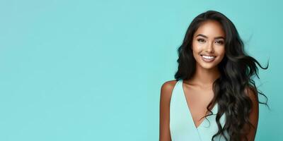 Smimilg young woman with dark skin and long groomed hair isolated on flat turquoise pastel background with copy space. Model for banner of cosmetic products, beauty salon and dentistry. Ai generative photo