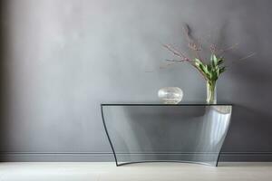 A glass top console table adds elegance to a modern entryway in cool gray tones. Ai generative photo