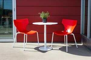 Contemporary outdoor patio bistro set with pops of red and white. Ai generative photo