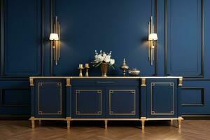 Arte deco buffet decorando un clásico comida habitación con lujoso oro y Armada azul. ai generativo foto