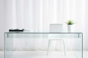 A sleek glass desk in a minimalist workspace with neutral tones. Ai generative photo