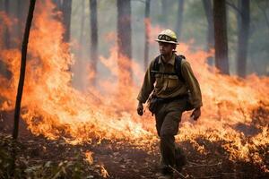 un bosque guardabosque mantener un revisado quemar para ecosistema salud. extinguir un bosque fuego. natural desastre. ai generativo foto