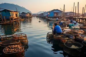 Farm for growing fish and seafood. Fishermen check their catch in their nets. A fishing village embracing sustainable aquaculture practices. Ai generative photo