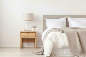 Scandinavian bedside tables decorate a modern bedroom with calm white tones and light wood. Ai generative photo