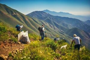 A group of volunteers collects garbage against the backdrop of majestic mountains. People collect garbage. Cleaning day. Environmental pollution. Ai generative photo