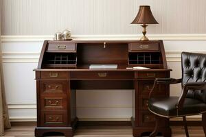 Traditional roll-top desk highlighting a classic home office with mahogany finish. Ai generative photo