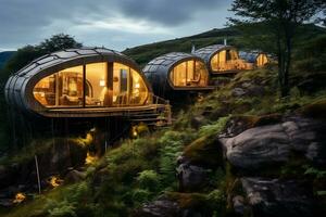 A sustainable eco-lodge cozy nestled in a remote, unspoiled wilderness. Holidays away from the city. Ai generative photo