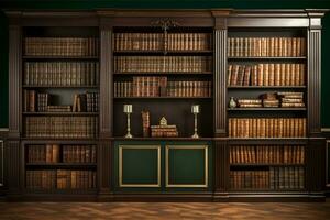 Tall bookshelves frame a classic home library in rich mahogany and dark green. Ai generative photo