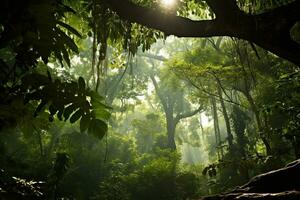 Lush tropical green forest with diverse flora. Tall majestic trees and small bushes and ferns. The sun's rays break through the dense crown of trees. Ai generative photo