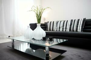 A glass coffee table complements a minimalist living room in a black and white color palette. Ai generative photo